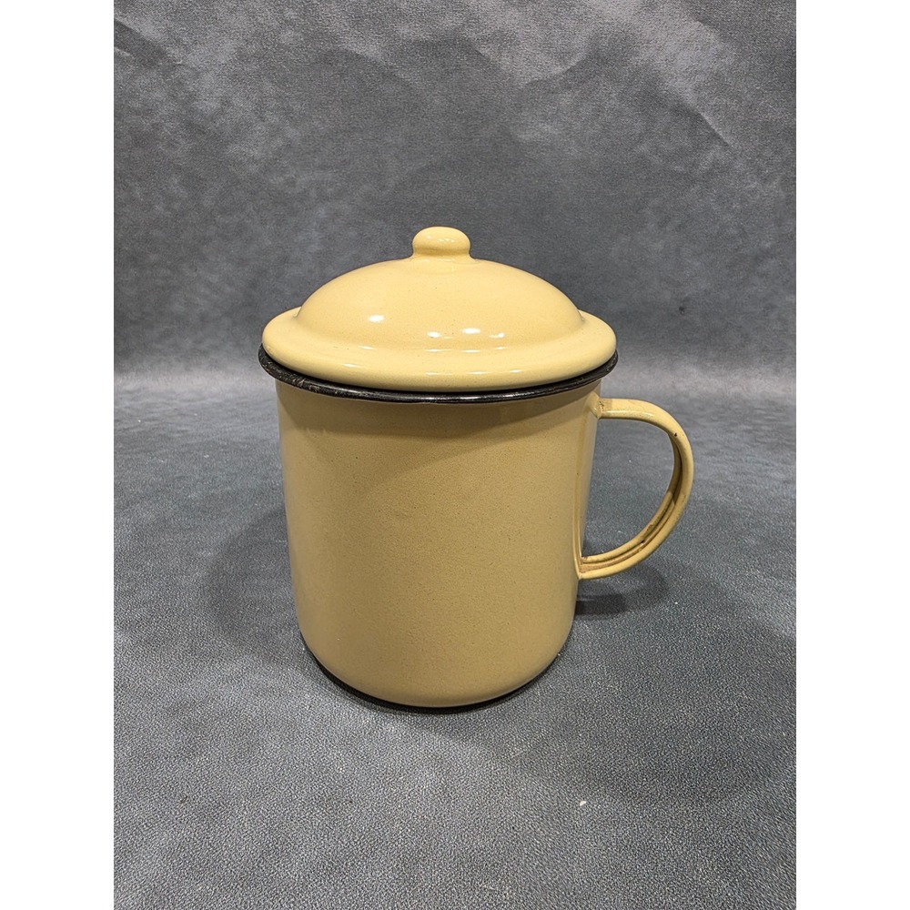 Vintage Tan Enamelware Mug with Black Rim Rustic Farmhouse Coffee Cup 5 Inch